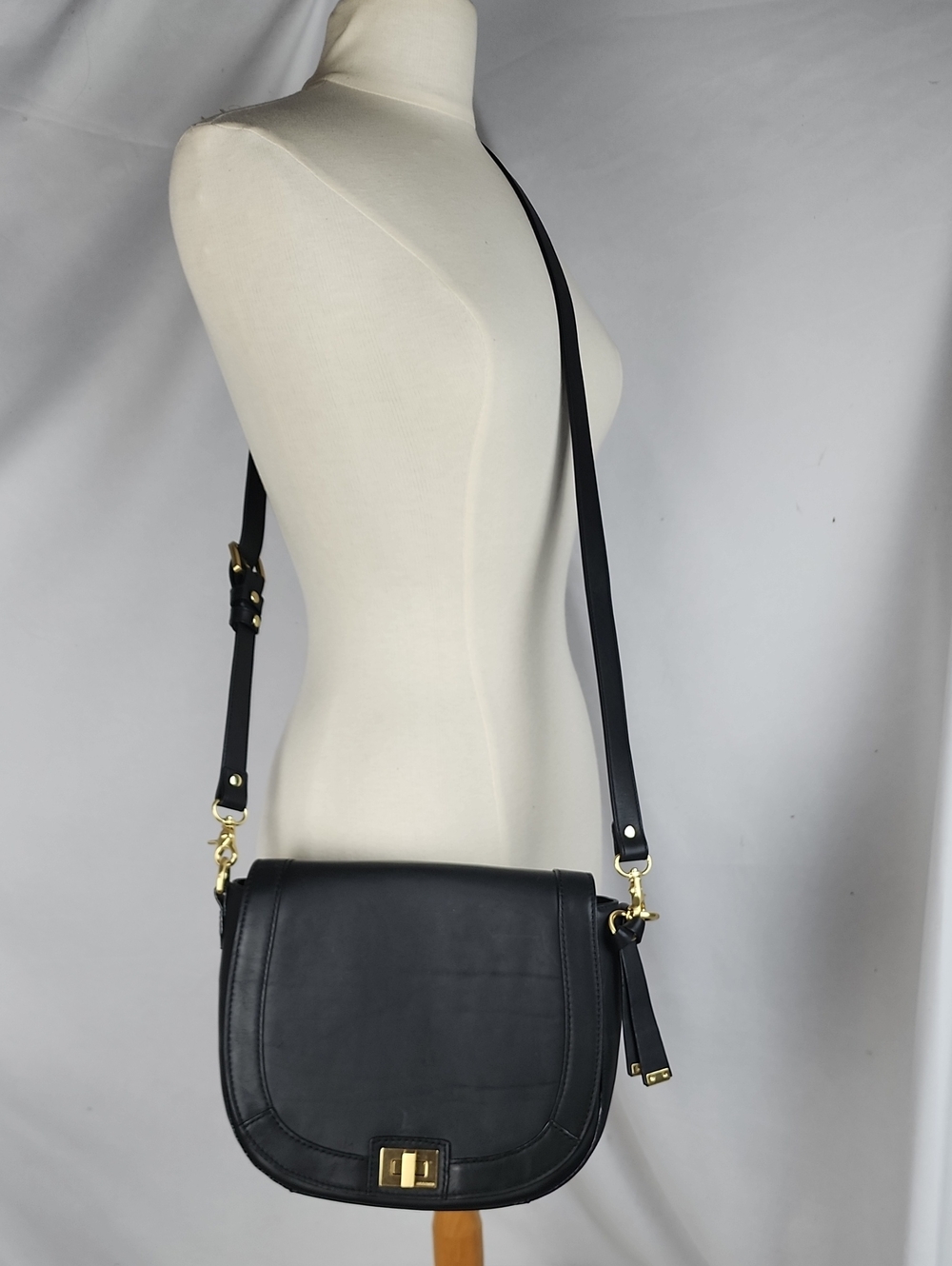 Black Leather Crossbody Bag with Gold Hardware
